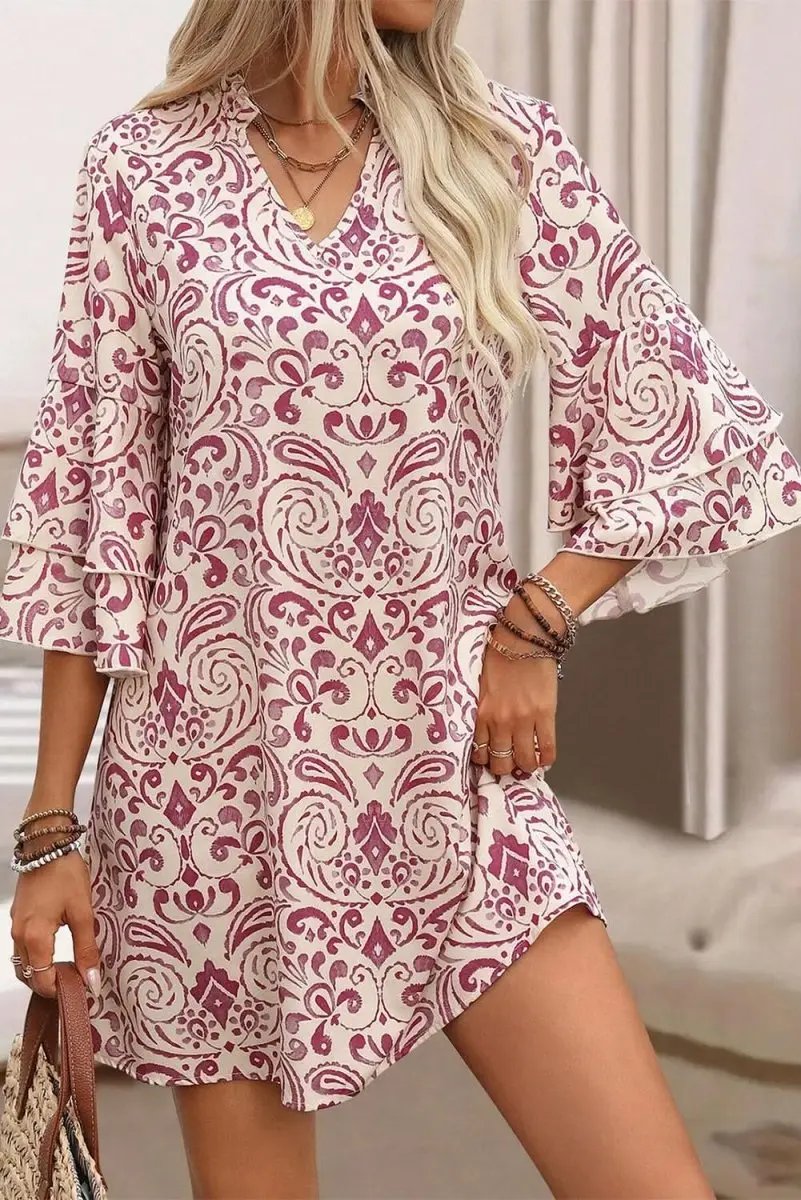 Pink Paisley Print Tiered 3/4 Sleeve Notched Neck Mini Dress - Love Salve